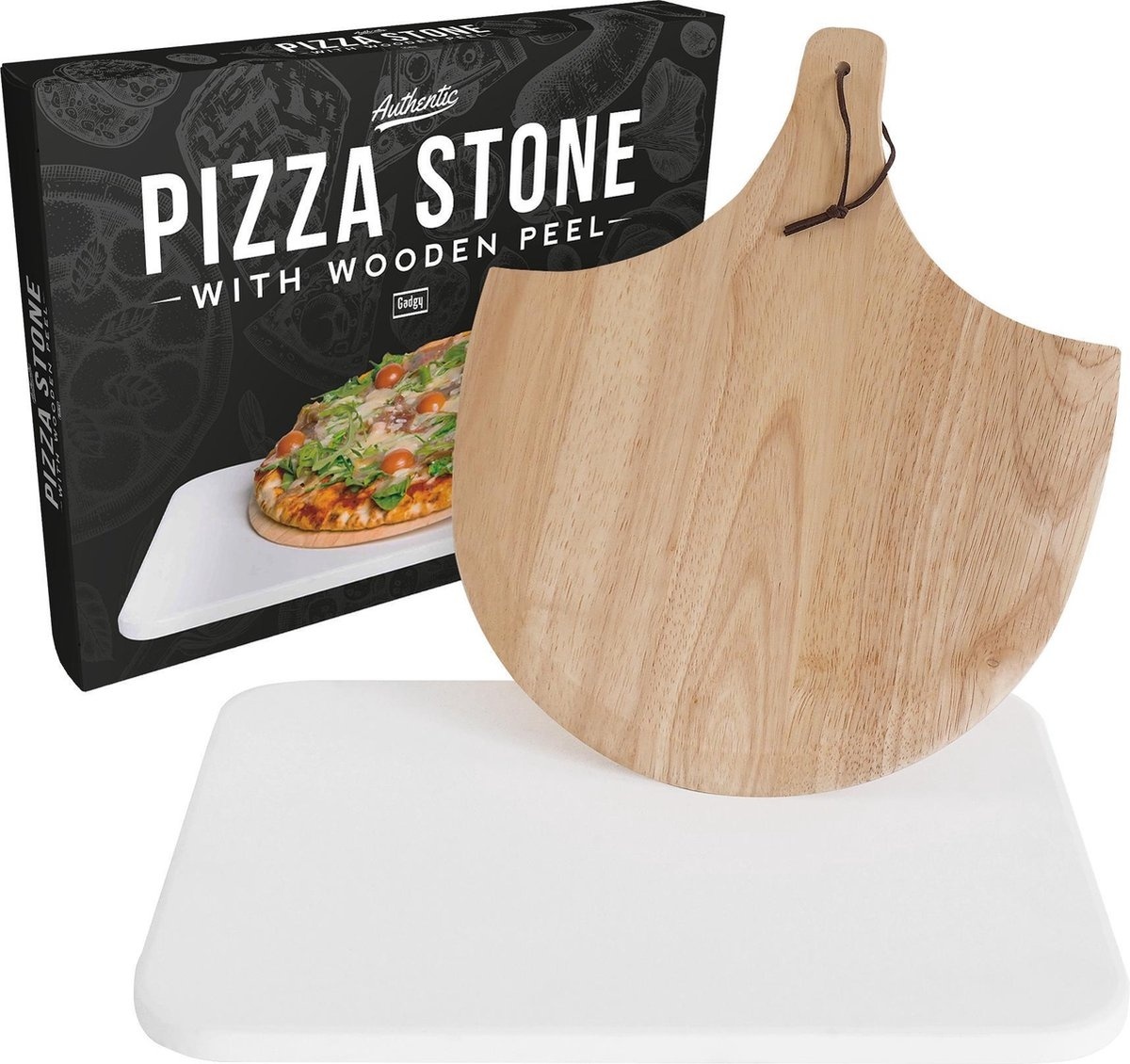 8719075228234 - Pizzastein mit Pizzaschaufel - Cordierite für knusprige Pizzakruste - Pizzastein für BBQ Ofen oder Kamado - Pizzaschaufel - Pizzaset - Pizzateller BBQ - Geschenk zum Vatertag