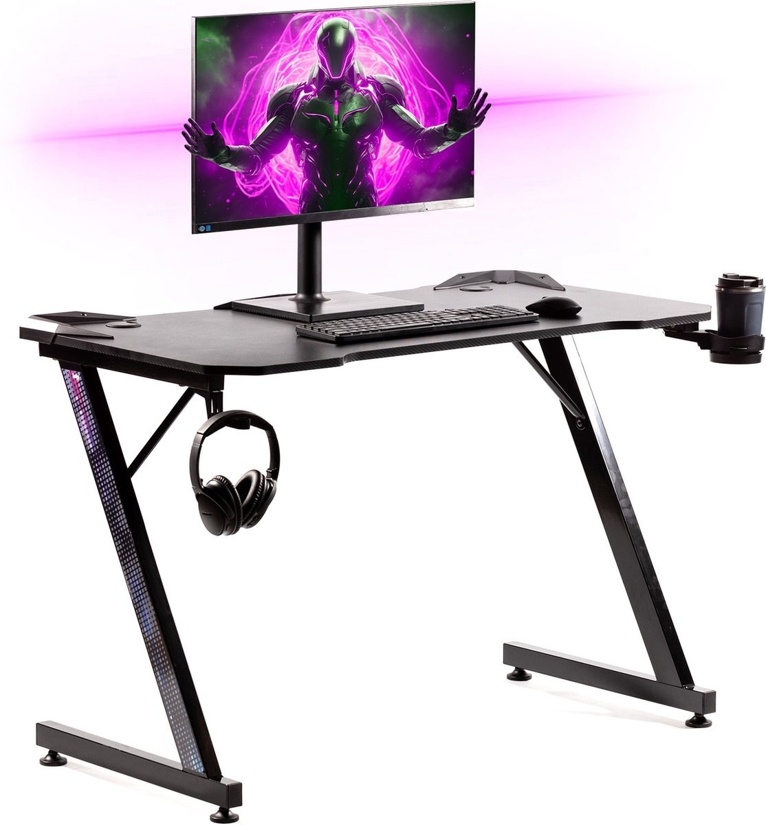 8719075229088 - Game Desk Carbon - Gaming Desk 110 CM Wide - Gaming Desk mit Carbon Details - Gaming Tisch mit Kopfhörerhalter Tassenhalter & Kabeltunnel - Level Up Gaming mit - Black Carbon