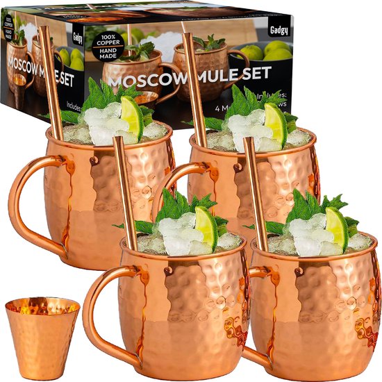 8719075229323 - Moscow Mule Cups 4-teiliges Set - 100% Kupfer - Cocktail-Set 4 Cocktailgläser 4 Strohhalme & 1 Bar-Maß - Geschenk für Frau und Mann