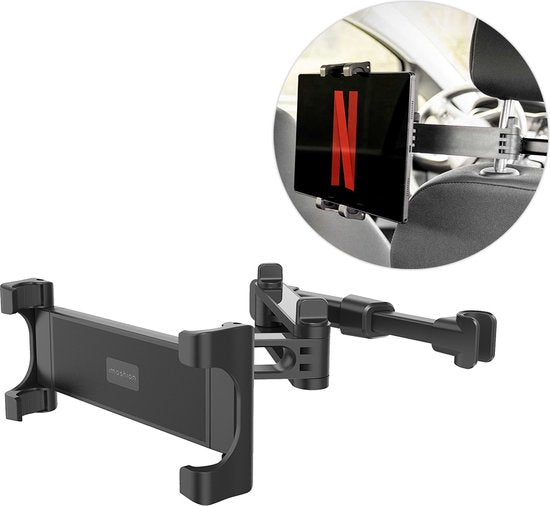 8719295499803 - Tablet-Halter Kopfstütze Auto - Verstellbarer Arm - Geeignet für iPad und Telefon unter anderem - Universal - Autozubehör - Schwarz