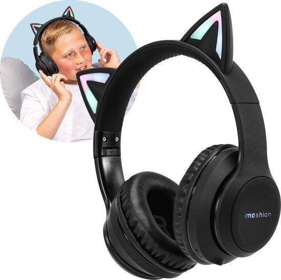 8719295558043 - imoshion Kinder-Kopfhörer mit Katzenohren - Bluetooth-Kopfhörer für Kinder - drahtlose Over-Ear-Kopfhörer - schwarz