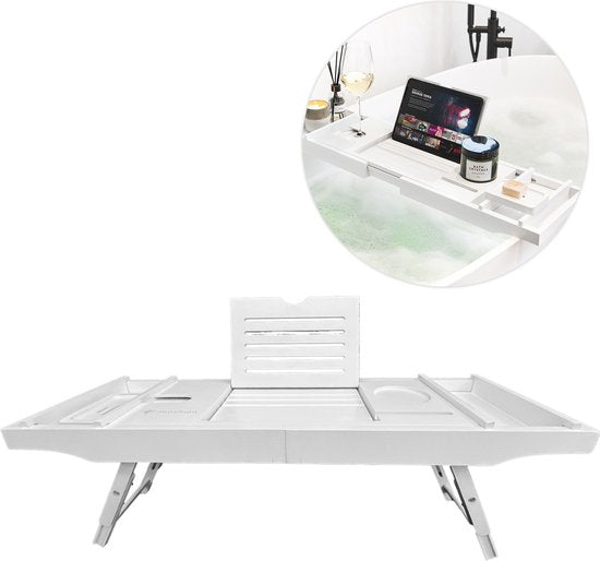 8719295562385 - Badebrett für Bad & Bett - Tablett mit Füßen - Tablet-Halterung - Badregal ausziehbar 75 bis 110 cm - Weiß