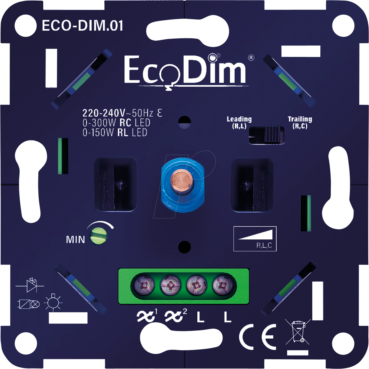 8719322370525 - Ecodim LED Dimmer 0-300 Watt Phasen an und abschnitt Inkl Blendrahmen und Knopf ECO-DIM01