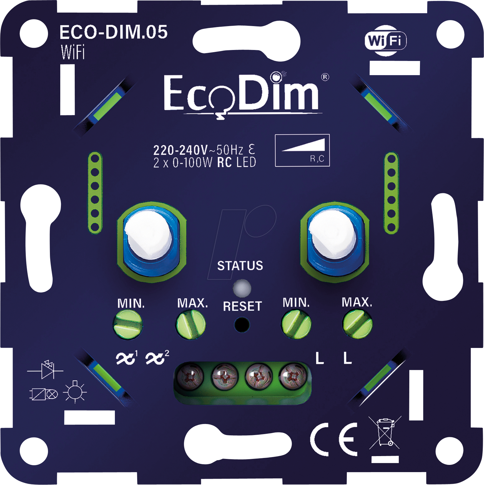 8719322373571 - ECO-DIM05-WIFI - Led-Dimmer duo 2x 0-100 W Phasenabschnitt (RC) Wifi