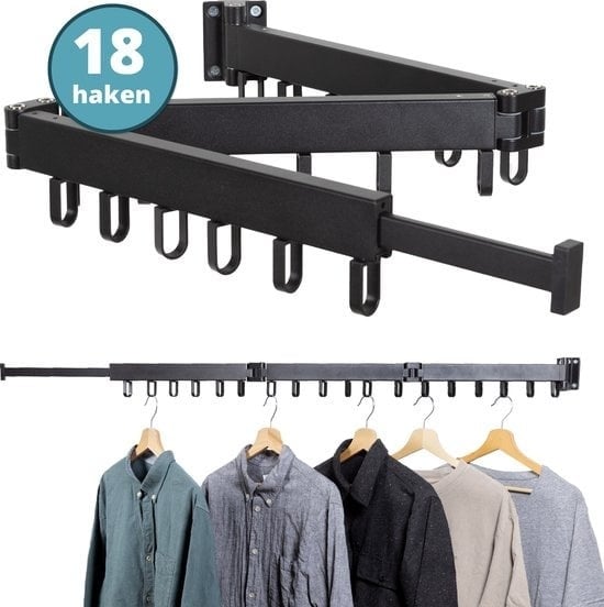 8719324384025 - Wand-Wäscheständer zusammenklappbar - bis zu 18 Kleidungsstücke - Wäscheständer 127cm hängend - Wäschestange verstellbar - Hänge-Trockengestell - Hänge-Trockengestell - Befestigung an der Wand inkl Schrauben - ausziehbar - 18 Haken 360° drehbar - S