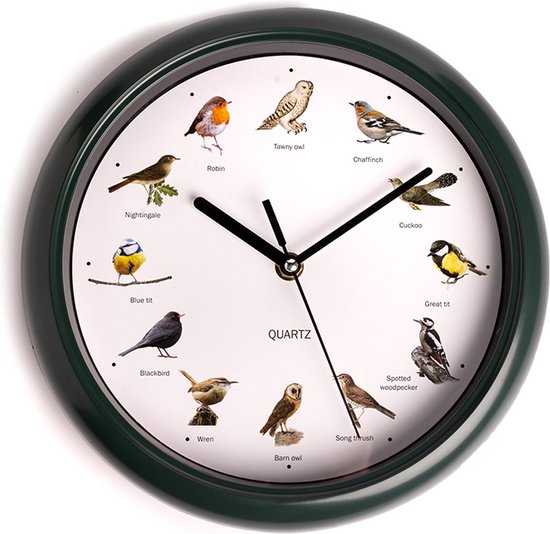 8719324937672 - Vogeluhr mit Vogelstimmen - Vogelstimmenuhr mit 12 Vogeltönen - Uhr mit Naturgeräuschen - Ø25 cm - Dunkelgrün