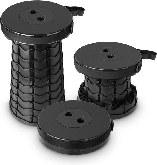 8719324937757 - Klapphocker - Klappstuhl - Verstellbare Höhe bis zu 45 cm - Zusammengeklappt 6 cm - Belastbarkeit bis zu 110 kg - Einfacher Transport - Schwarz