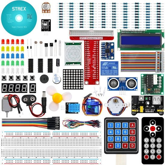 8719325619492 - Starter Kit geeignet für Raspberry Pi - 189 Teile - Pi3 & Pi4 - GPIO   Fernsteuerung   Motor   LCD Display   Relais   Tastatur   Bewegungssensor und mehr! - DVD mit Handbüchern - In Plastik-Aufbewahrungsbox