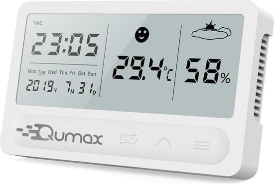 8719325661576 - Qumax Digital Hygrometer - Raumthermometer - Luftfeuchtigkeitsmesser mit Halbjahresbatterie - Weiß