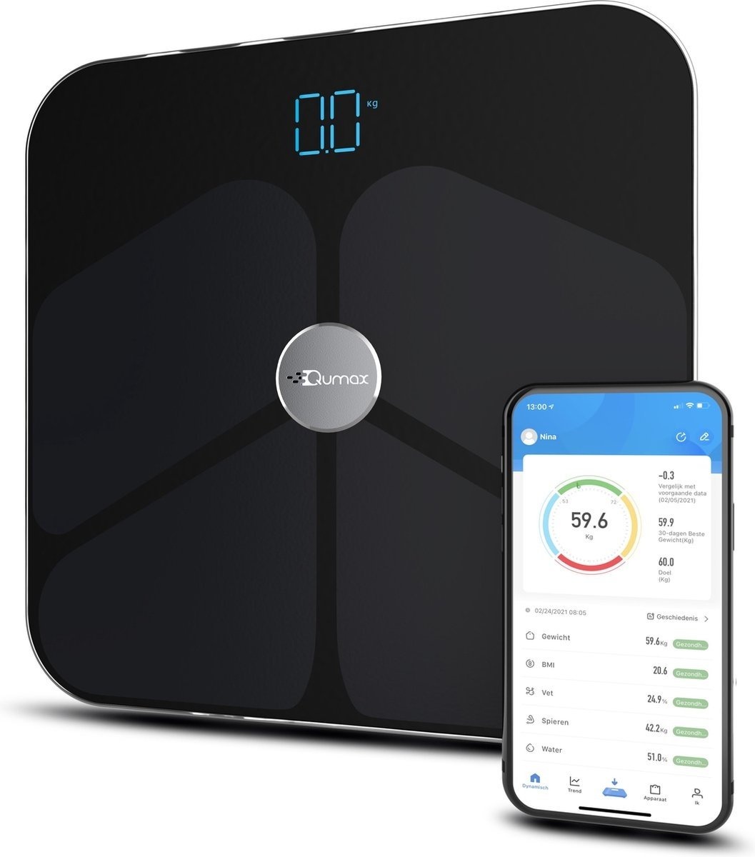 8719325661620 - Qumax Smart Scale mit Körperanalyse - Personenwaage Dutch App - Digitale Waage mit 11 Messfunktionen - Rutschfest - Schwarz