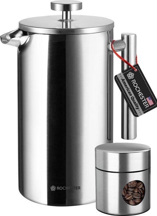 8719325661798 - French Press - Cafetiere mit Bohnenkanne - Kaffeemaschine - 1 Liter - spülmaschinenfest - doppelwandig - Edelstahl