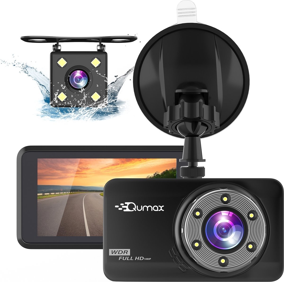 8719325661828 - Qumax Dashcam für Auto - Front- und Rückkamera - Full HD - Parkmodus mit eingebautem G-Sensor - IPS-Display - 170° Weitwinkelobjektiv - Nachtsicht