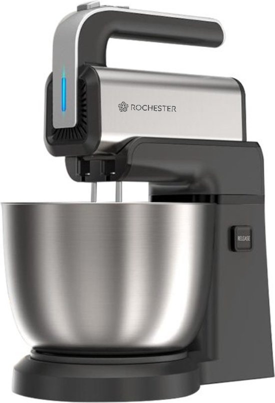 8719325661996 - Rochester Handmixer mit Rührschüssel - Küchenmaschine - 5 Geschwindigkeitsstufen - Mixer Turbo - inkl Rührbesen Knethaken - Edelstahl