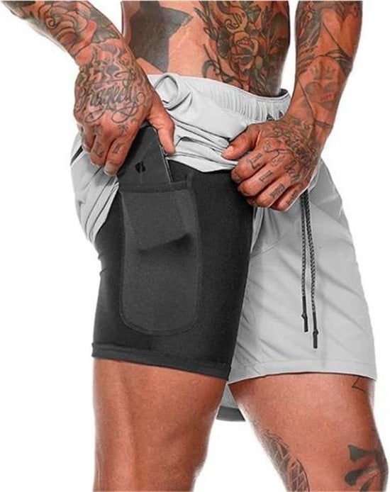 8719326539089 - MW® - Sporthosen Herren - Fitnesshosen - Sportbekleidung - 2 in 1 Shorts - Laufhosen (Grau - L)