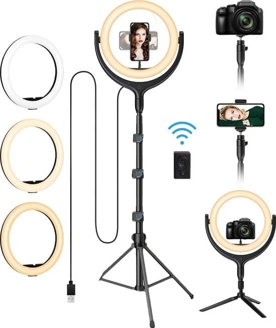 8719326748290 - LURK® Ringlicht Studio-Set 12 Zoll PRO mit verstellbarem Stativ Mikrofon und Fernbedienung - Ring Of Light 12 - Studio-Ringlicht für Kamera und Smartphone