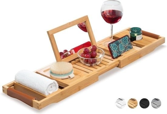 8719327147658 - RelaxTub® Badeboard - Badeboard für die Badewanne - Badregal - Verstellbar - Rutschfest - Badeboard Bambus - Badeboard Holz - Badregal mit Buchhalter Tablet-Halter & Spiegel