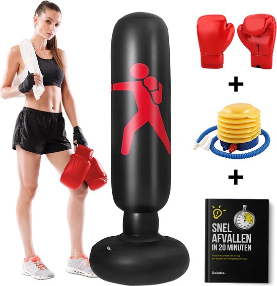8719327346884 - Aufblasbarer Boxsack am Fuß - Inkl Boxhandschuhe Fußpumpe und E-Book - Indoor und Outdoor - Für Erwachsene und Kinder - Boxsack stehend - Boxsack am Fuß - Boxball am Stand - Boxset Kinder - Boxstange - Boxtrainer - Schwarz