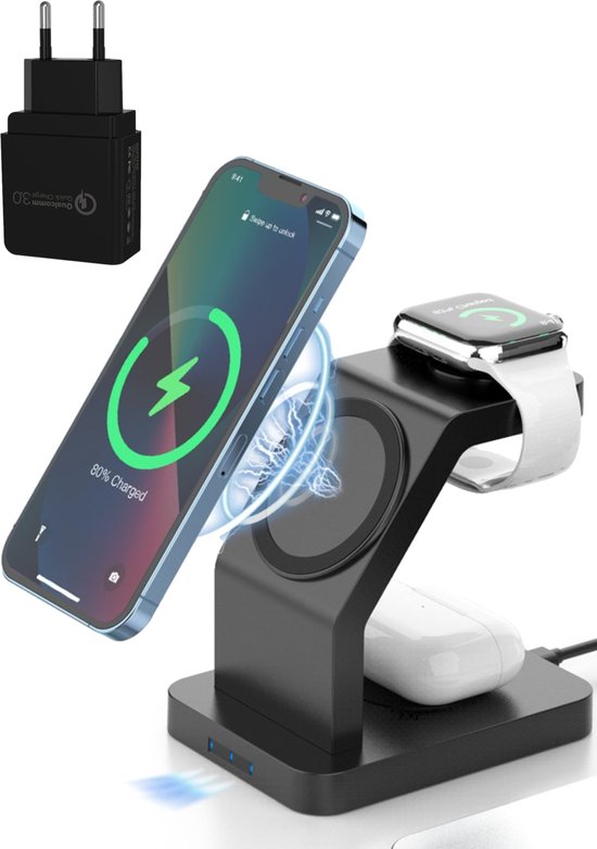 8719327420331 - Wireless Charger - 3-in-1 - QC 30 Adapter - Qi-Ladestation - 15W - Schnellladegerät