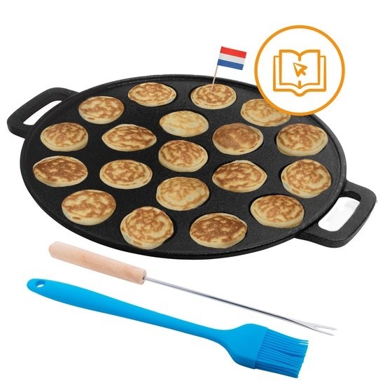 8719327490662 - CuisiNoon® Poffertjes-Pfanne Basic - mit Pinsel und Poffertjes-Gabel - Poffertjes-Macher inklusive Backbuch