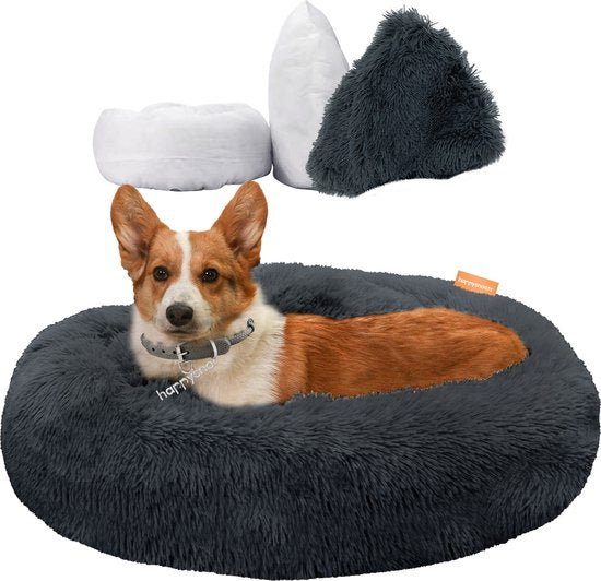 8719327516355 - Happysnuts Donut Hundekorb 60cm - Graues Hundebett mit Reissverschluss - Waschbarer Katzenkorb