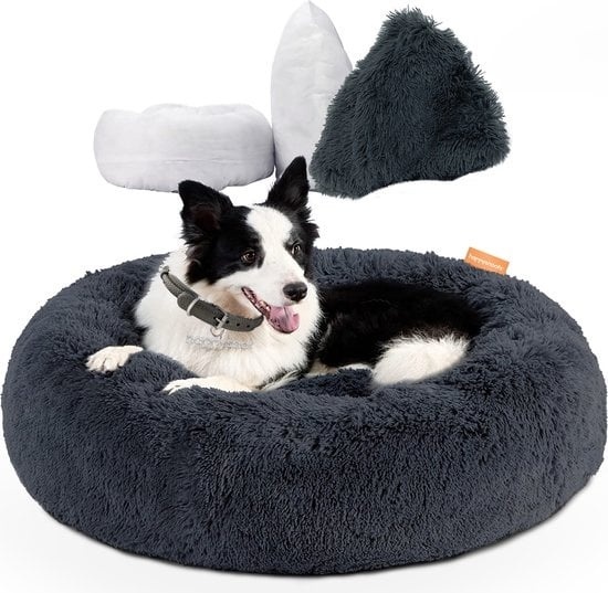 8719327516362 - Happysnuts Donut Hundekorb 70cm - Katzenkorb - Hundebett - Flauschig - Hundebett - Waschbar - Grau