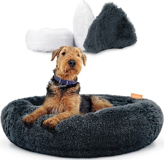 8719327516379 - Happysnuts Hundekorb mit Reißverschluss - 80cm - Hundebett - Donut Hundebett - Flauschig - Grau - Waschbar