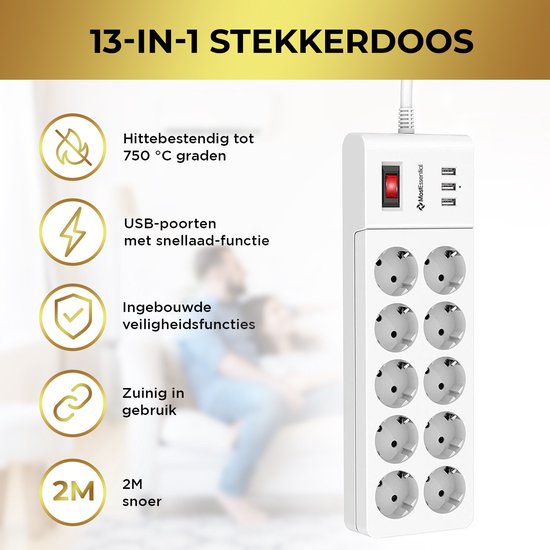 8719327542309 - Premium 13-fach Steckdose - 2M Verlängerungskabel - 230V - Rutschfest - Weiß