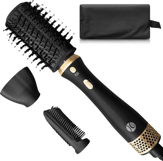 8719327596319 - JC 3-in-1 Fönbürste mit Aufbewahrungsetui - Lockenbürste - Haarstyler - Geeignet für Langhaar Style Locken - Mattschwarz Gold