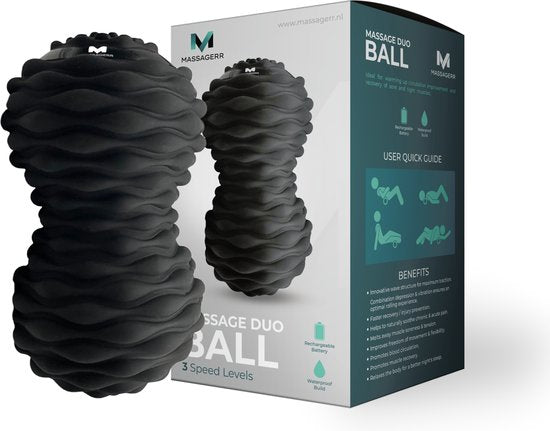 8719327617601 - Massagerr® Vibrating Duo Massage Ball - Trigger Point Ball - 4 Vibrationsstufen - Massageball - Erdnussball - Massageroller für Rücken Nacken Beine Füße Ganzkörper