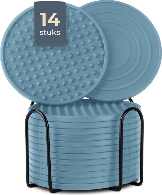 8719327743478 - Silikon-Untersetzer - Untersetzer für Gläser - Design-Untersetzer mit Halter - Untersetzer-Set - Anti-Rutsch - 14er-Set - Grün