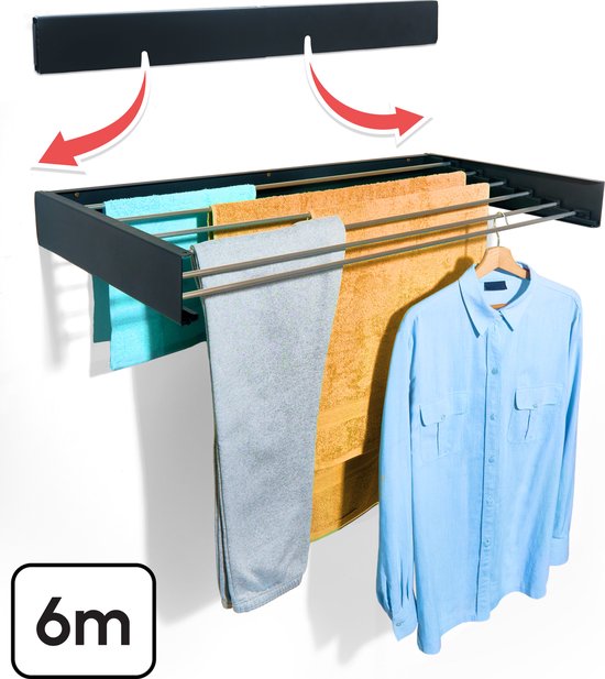 8719327781180 - Bodo® Wäscheständer zusammenklappbar - Wandtrockengestell - 100 cm - Inklusive Bohrschablone - Erneuertes Modell 2025 - Wäscheständer zum Aufhängen - Aufklappbar - Wand - Aufhängbar - 6m Trockenlänge - Mattschwarz