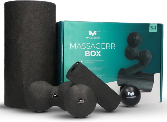 8719327781722 - Massagerr® Box - Schaumstoffroller-Set mit Triggerpunkt-Ball & Duo-Massageball in Schwarz - Massageroller - Schaumstoffroller - Faszien - Fitness - Massage-Set - inkl Stressball