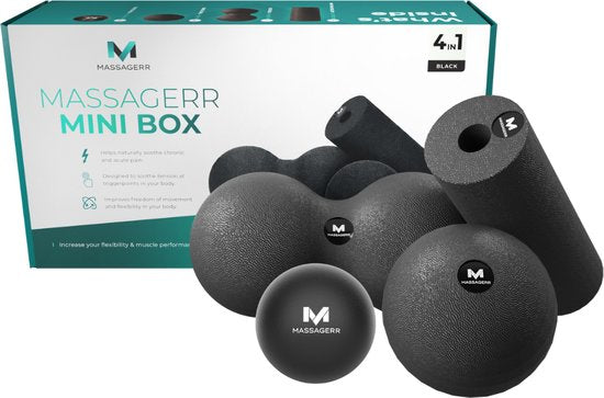 8719327781739 - Massagerr® Mini Box - Massageball Duo-Massageball & Mini-Schaumstoffrolle - Massageroller - Faszien - Fitness - Triggerpunkt-Massageset - inkl Stressball - Schwarz