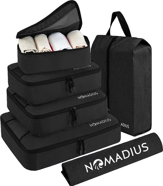 8719327781760 - Nomadius® Packwürfel-Set - Premium-Reise-Organizer - Langlebige SBS-Reißverschlüsse - Wasserdicht - Koffer-Organizer-Set - Inkl Schuhbeutel und Wäschesack - Reisetasche für Koffer Taschen und Rucksack - Schwarz