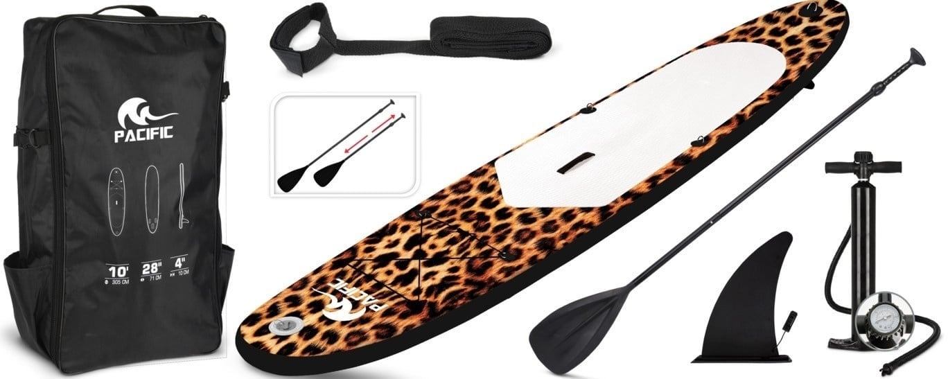 8719407097972 - Special Edition Sup Board - Pantherdruck weiß - KOSTENLOSE wasserdichte Handytasche - Extra stabil - 305 cm - 7 Teile - bis zu 100 kg - aufblasbar  - Copy