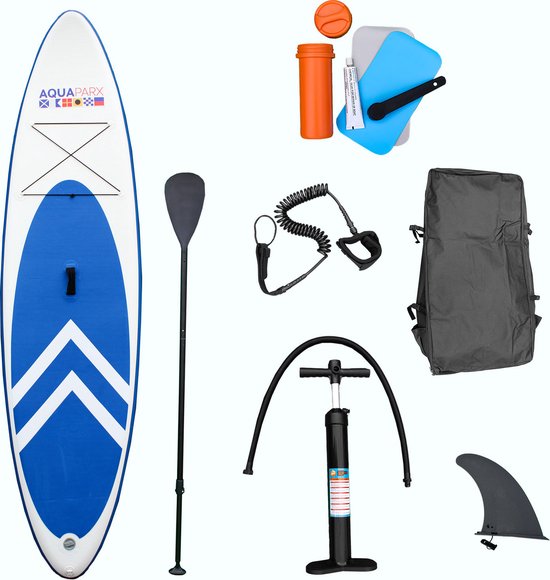 8719425753676 - AQUAPARX MKII Professional Sup Board - Aufblasbares Paddel-Bord - für Anfänger und Fortgeschrittene - 1 Person - komplett geliefert - Weiß  Blau