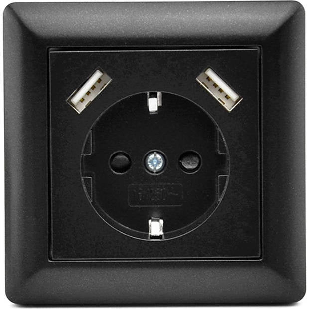 8719558288854 - Brock USB-Steckdose Schwarz - Wandeinbausteckdose - Glänzender Kunststoff - Schwarze Wandsteckdose - Steckdose - 2800mA - 220 Volt - USB-Ladegerät - Schnellladung - Schnellladung - Geerdet - Europäische Steckdose - 80x80mm - Mit Kindersicherung