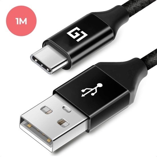 8719632955047 - USB-C Kabel - 1M - 24A - USB C zu USB-A - Geflochtenes Nylon - Schwarz