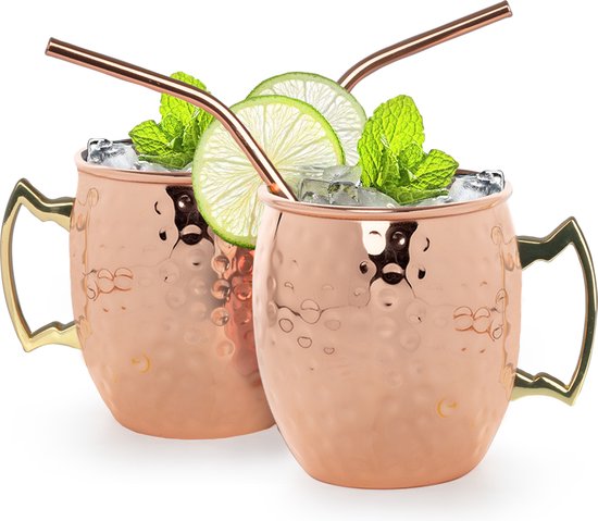 8719632955665 - Moscow Mule Cups - Cocktailgläser mit Strohhalm - 2 Stück - gekupfert - 500ML