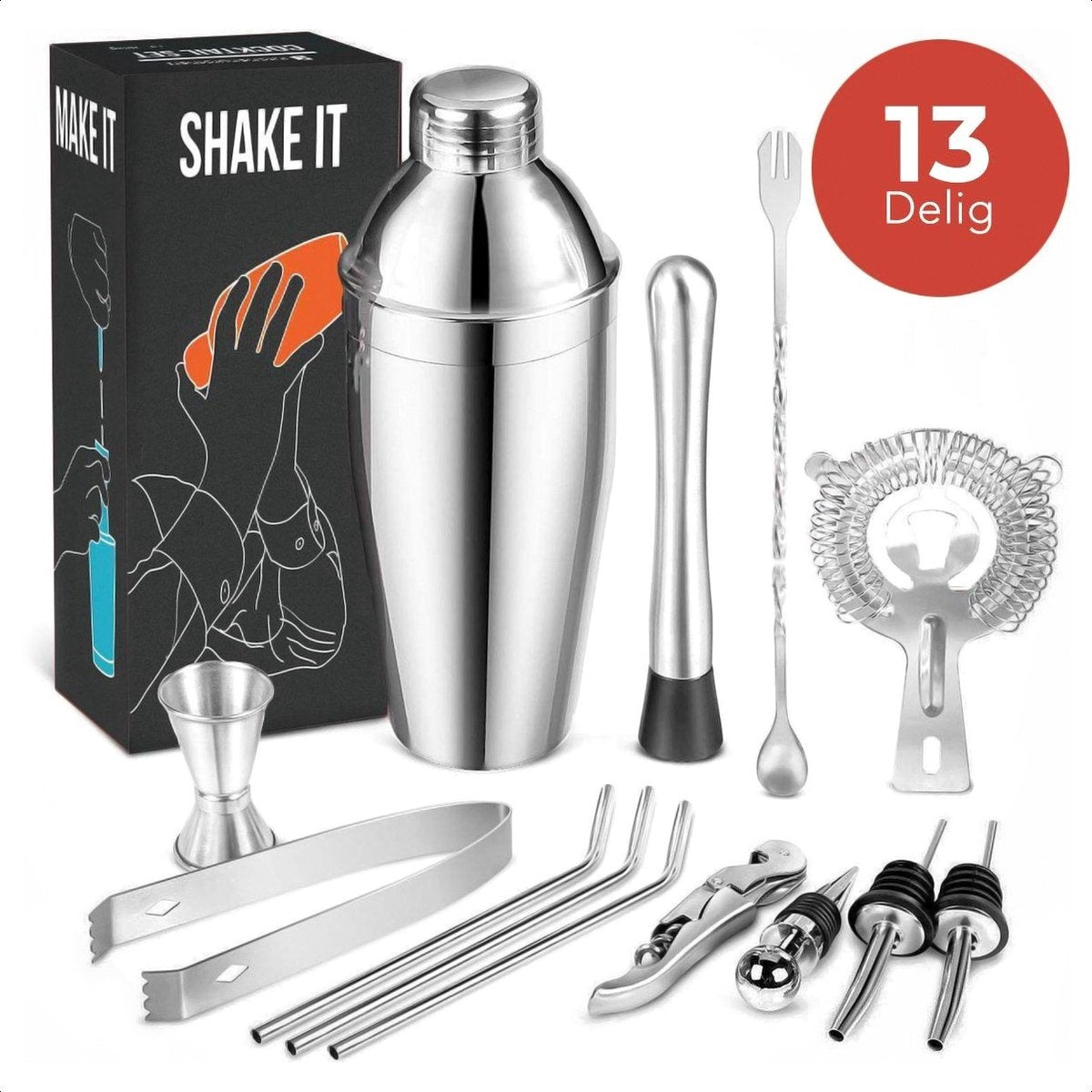 8719632956051 - Cocktail Set mit Cocktail Shaker - 13 Teile - Komplettset - Geschenkbox - Edelstahl