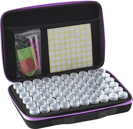 8719689743574 - Diamond Painting Aufbewahrungsbox - Sortierkoffer - 60 Töpfe - inkl Werkzeugsatz - Lila
