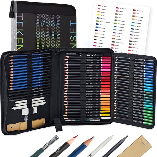 8719689743680 - Sold Buntstifte - Bleistiftset - Skizzenstifte - Zeichenset 97-teilig - Kohlezeichnung - Inkl Radiergummi Bleistiftspitzer & Etui