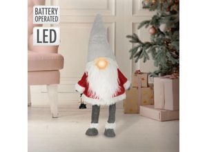 8719987230813 - Led Wichtel-Figur mit warmweiß beleuchtete Laterne und Nase 80 cm Rot Grau stehend batteriebetrieben Puppe mit Mütze Weihnachtsdeko