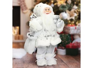 8719987724770 - Weihnachtsmann Deko-Figur 37 cm hoch Weiß mit Geschenkesack und Geschenke detailreich Santa-Claus Figur Winterdeko Weihnachten Stehende Figur