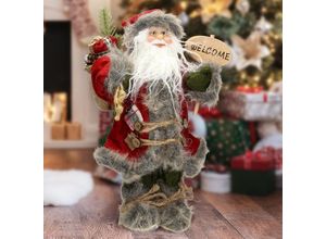 8719987724909 - Weihnachtsmann Deko-Figur 37 cm hoch rot grauer Mantel grüner Hose mit Geschenkesack Santa-Claus Figur Winterdeko Weihnachten Stehende Figur