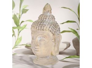 8719987826122 - Buddha Figur 78 cm Beige Grau aus Polyresin Kopf Statue Skulptur Dekofigur Feng Shui Kunststeinfigur Asien Dekorationsobjekt Steinfigur für