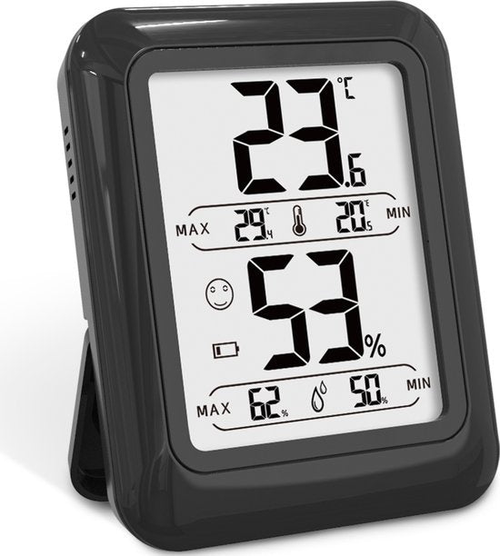 8719992366477 - Digitales Thermo-Hygrometer Schwarz - Digitales Innenraum-Thermometer - Innenraum-Hygrometer - Wetterstation mit Luftfeuchtigkeitsmesser - Inklusive Batterie