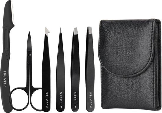 8719992764266 - Allures Luxury Epilier-Set - Pinzette - Augenbrauenschere - Rasierer - Enthaarung - Schönheit - 5 Stück - Schwarz - Etui