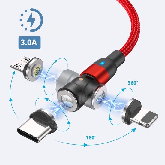 8719992795116 - Hillar® 3-in-1 Magnetisches Ladekabel 30A 2m - Datenkabel - Micro USB Kabel - USB-C - Ladegerät Iphone - Samsung - Apple Lightning