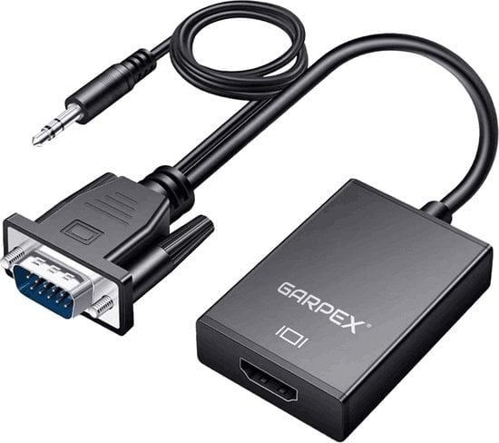 8719992803941 - Garpex® VGA-zu-HDMI-Adapter - Universal mit 35-mm-AUX-Buchse und USB-Stromkabel - Analog-zu-Digital-Videokonverter - Stecker zu Buchse - 1080p Full HD - USB-Stromkabel enthalten